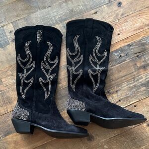 Black Suede Western Boots with Studded Design